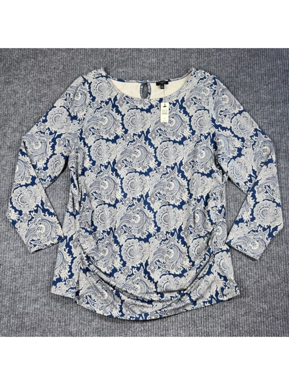 Talbots Top Womens 2X Blue Paisley Ruched Side Long Sleeve Top Keyhole Back NEW